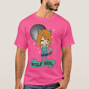 Kawaii Schattige Wolf Girl Anime Chibi Volle Maan T-shirt
