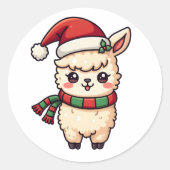 Kawaii Schattigee kerstlama met kerstmuts Ronde Sticker (Voorkant)