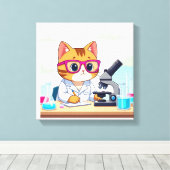Kawaii Scientist Cat – Cute Cartoon Lab Canvas Art Afdruk (Insitu (Houten vloer))