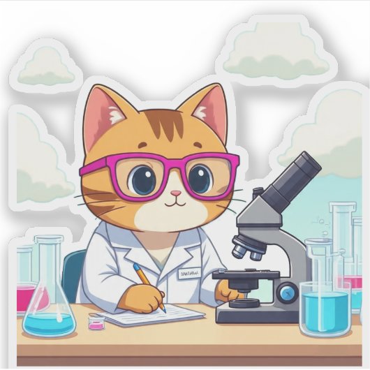 Kawaii Scientist Cat – Cute Lab Cat Vinyl Sticker (Voorkant)