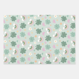Kawaii Shamrock & Rainbow Pastel Green set van 3 Inpakpapier Vel