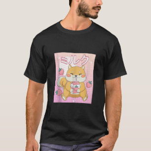 Kawaii Shiba Inu Aardbei Milk Shake Retro 90s J T-shirt