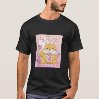 Kawaii Shiba Inu Aardbei Milk Shake Retro 90s J T-shirt