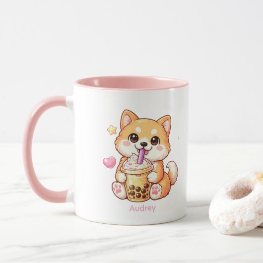 Kawaii Shiba Inu Drinking Bubble Tea Unisex Mok (Met donut)