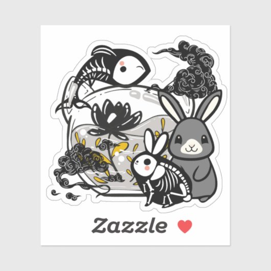 Kawaii Skelet Konijn & Zen Vis Kunst Sticker (Vel)