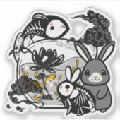 Kawaii Skelet Konijn & Zen Vis Kunst Sticker (Voorkant)