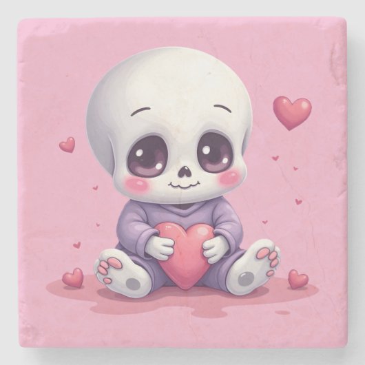 Kawaii Skelet met Hart Stenen Onderzetter (Voorkant)