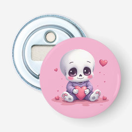 Kawaii Skeleton Holding Heart Button Flesopener