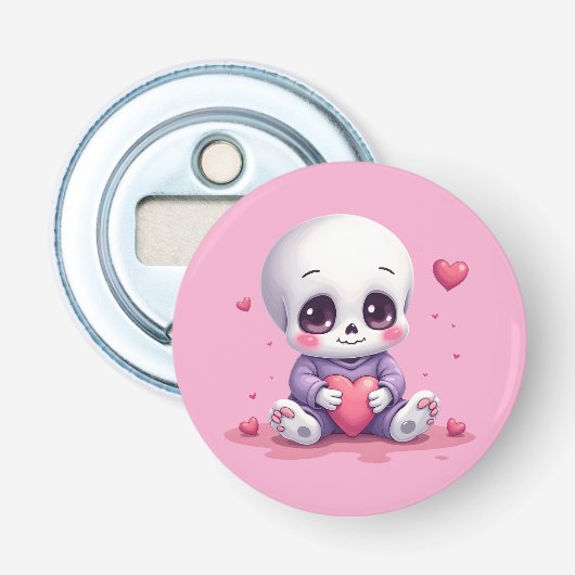 Kawaii Skeleton Holding Heart Button Flesopener (Voorkant)