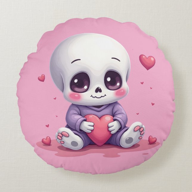 Kawaii Skeleton Holding Heart Rond Kussen (Voorkant)