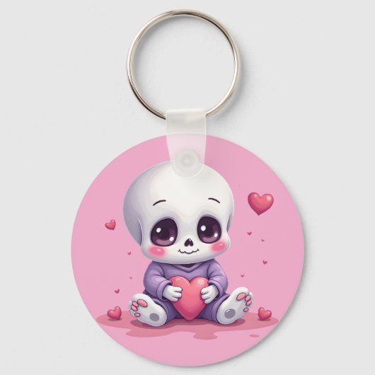 Kawaii Skeleton Holding Heart Sleutelhanger (Voorkant)