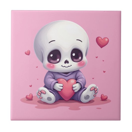 Kawaii Skeleton Holding Heart Tegeltje (Voorkant)