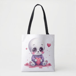 Kawaii Skeleton Holding Heart Tote Bag