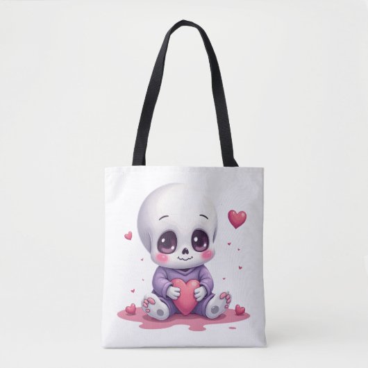 Kawaii Skeleton Holding Heart Tote Bag (Voorkant)