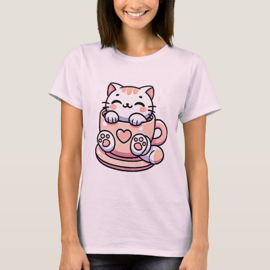 Kawaii Sleeping Cat in Teacup Schattigee esthetiek T-shirt (Voorkant)