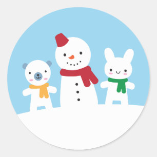 Kawaii Sneeuwdag met Konijn & Beer Ronde Sticker