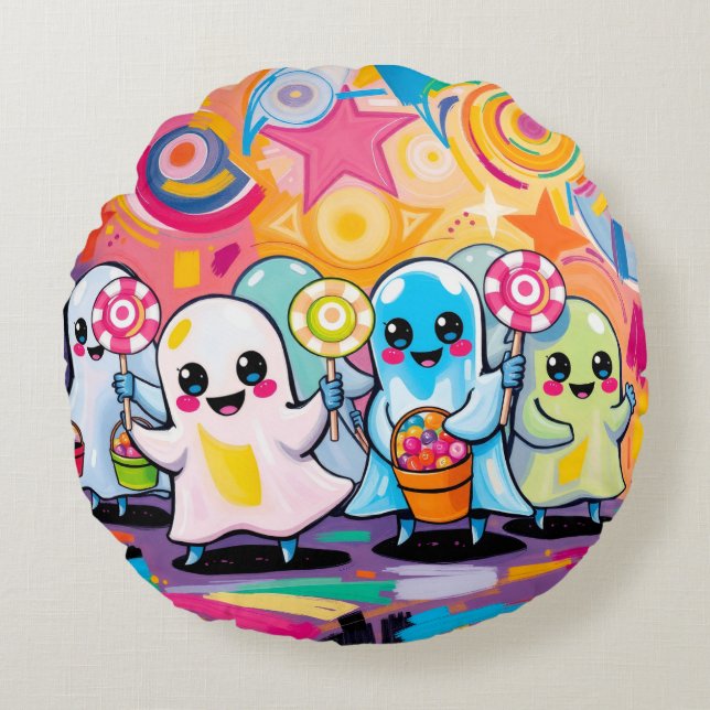 Kawaii Snoep Parade Kleurrijke Schattigee Cartoon Rond Kussen (Voorkant)