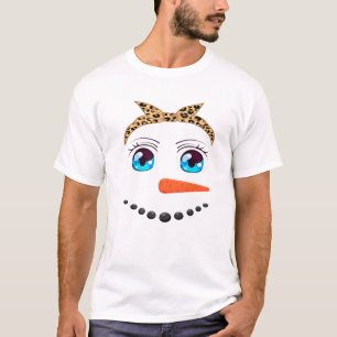 Kawaii Snowman Face Manga Anime Eyelashes Leopard T-shirt