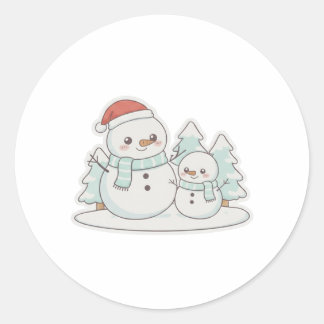 Kawaii Snowman Family Cute Christmas T-Shirt Ronde Sticker