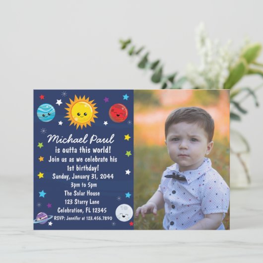 Kawaii Solar System Outta this World Birthday Invi Kaart (Staand voorkant)
