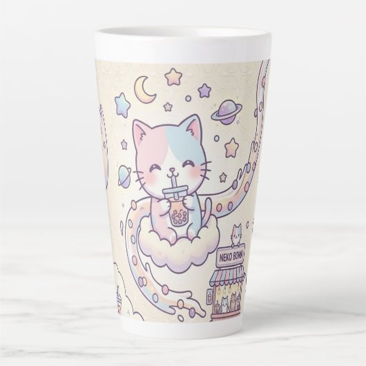 Kawaii Space Cat Drinking Boba Latte Mug Mok (Voorkant)