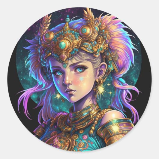 Kawaii Space Warrior Girl Ronde Sticker (Voorkant)