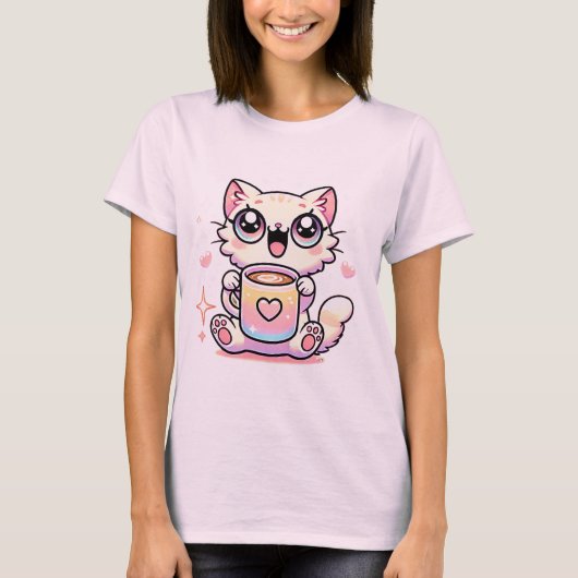 Kawaii Sparkly Cat met Rainbow Coffee Mok Schattig T-shirt (Voorkant)