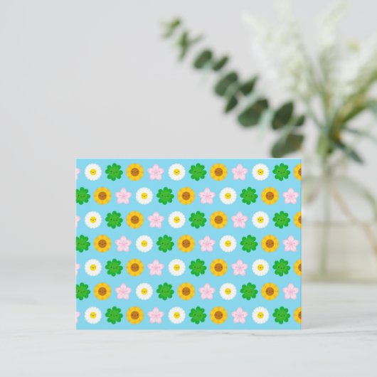 Kawaii Spring Flowers (Blauw) Briefkaart (Staand voorkant)