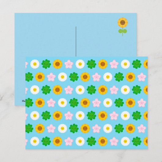 Kawaii Spring Flowers (Blauw) Briefkaart (Voorkant / Achterkant)
