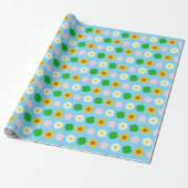 Kawaii Spring Flowers (Blauw) Cadeaupapier (Uitgerold)