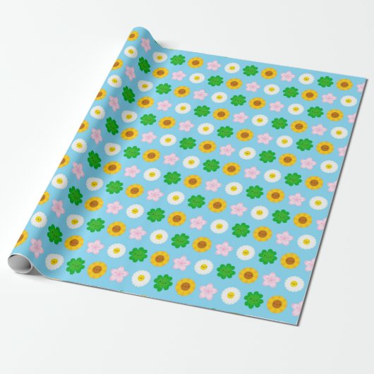 Kawaii Spring Flowers (Blauw) Cadeaupapier (Uitgerold)