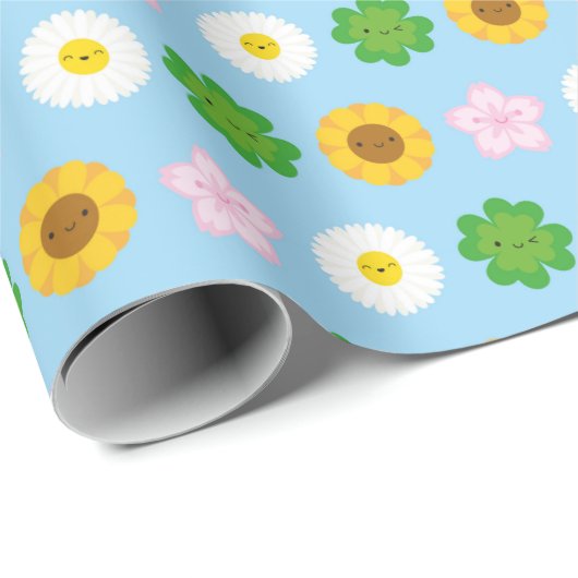 Kawaii Spring Flowers (Blauw) Cadeaupapier (Rol Hoek)