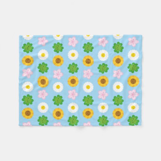 Kawaii Spring Flowers (Blauw) Fleece Deken (Voorkant (Horizontaal))