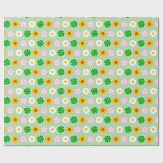 Kawaii Spring Flowers (groen) Cadeaupapier (Vlak)