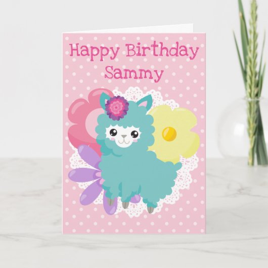 Kawaii Spring Pink Llama Happy Birthday Kaart (Voorkant)