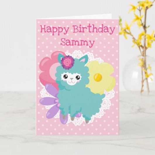 Kawaii Spring Pink Llama Happy Birthday Kaart (Gele Bloem)