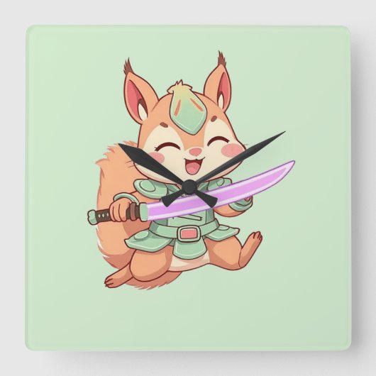 Kawaii Squirrel Samurai. Vierkante Klok (Voorkant)