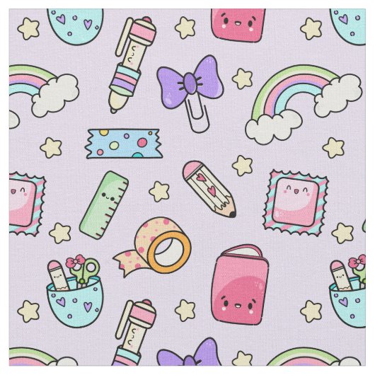 Kawaii Stationery Pattern Fabric Stof (Close Up)