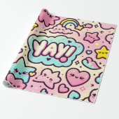 Kawaii sterren, harten en "Yay!" Cadeaupapier (Uitgerold)