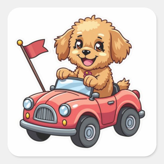 Kawaii Sticker Cavapoo in een Speelgoed-auto (Voorkant)