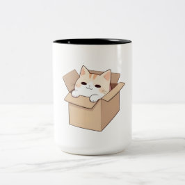 Kawaii stickerontwerp met een schattige kat in een tweekleurige koffiemok