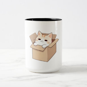 Kawaii stickerontwerp met een schattige kat in een tweekleurige koffiemok