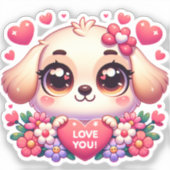 Kawaii stijl Schattigee Puppy met liefdesboodschap Sticker (Voorkant)