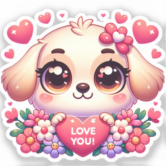 Kawaii stijl Schattigee Puppy met liefdesboodschap Sticker (Voorkant)