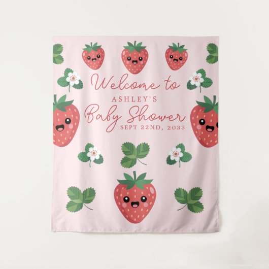 Kawaii Strawberry Baby shower Achtergrond Wandkleed (Voorkant)