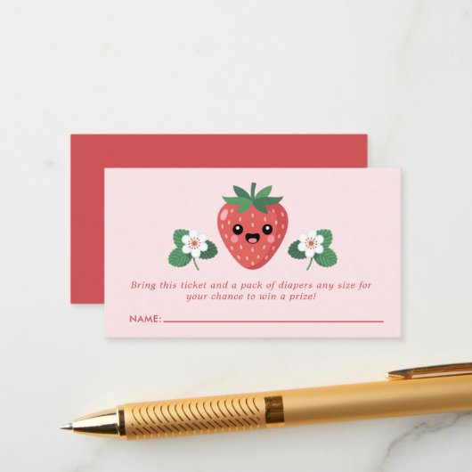 Kawaii Strawberry Baby Shower Luier Raffle Informatiekaartje (Voorkant / Achterkant in situ)