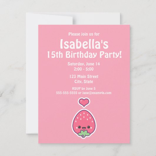 Kawaii Strawberry Birthday Party Invitaires Kaart (Achterkant)