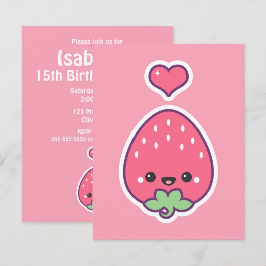 Kawaii Strawberry Birthday Party Invitaires Kaart (Voorkant / Achterkant)