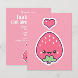 Kawaii Strawberry Birthday Party Invitaires Kaart