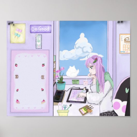 Kawaii Strawberry Girl Drawing Digital Art Poster (Voorkant)